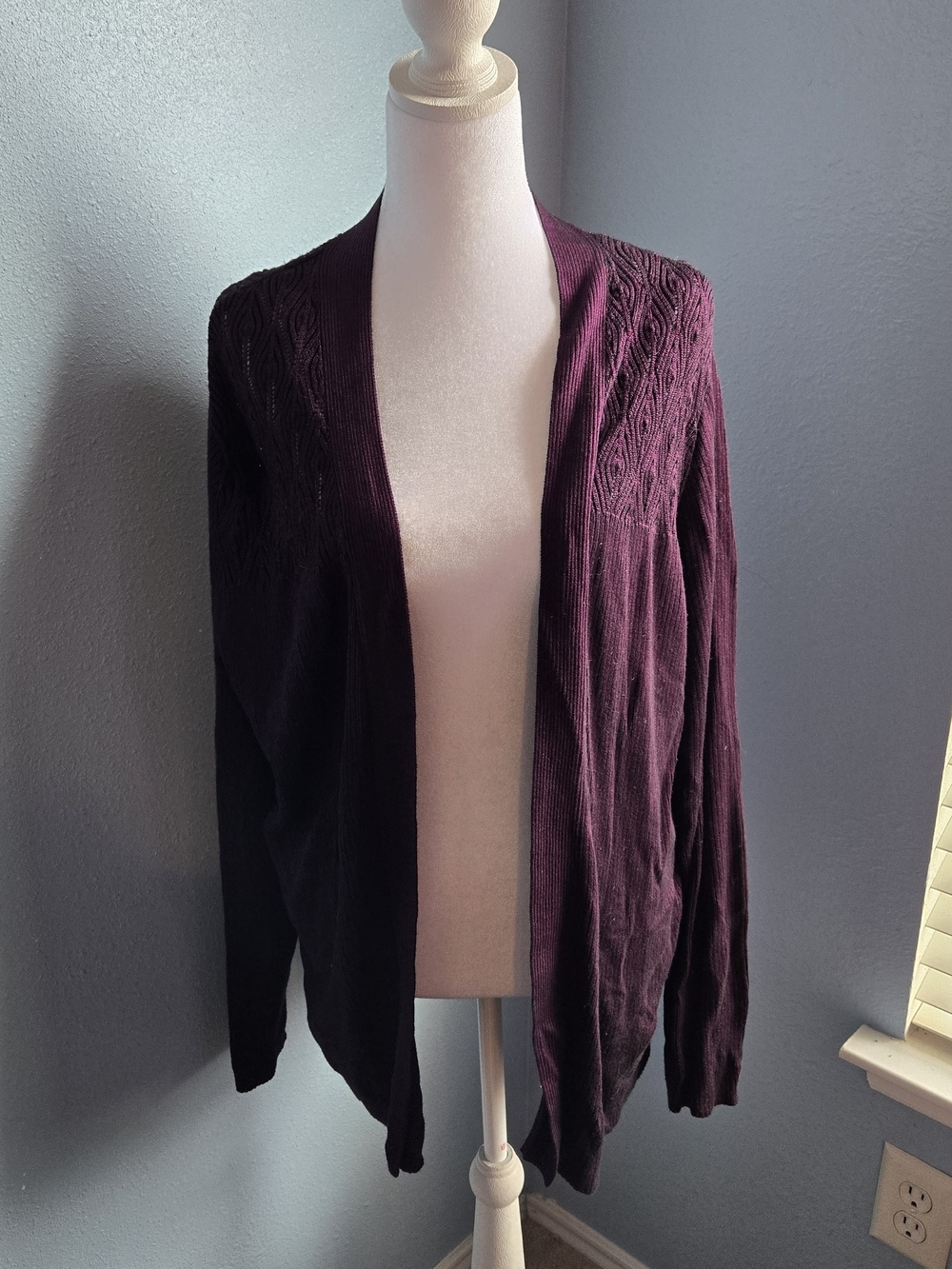 Jones New York Open-Front Cable Yoke Cardigan in Plum